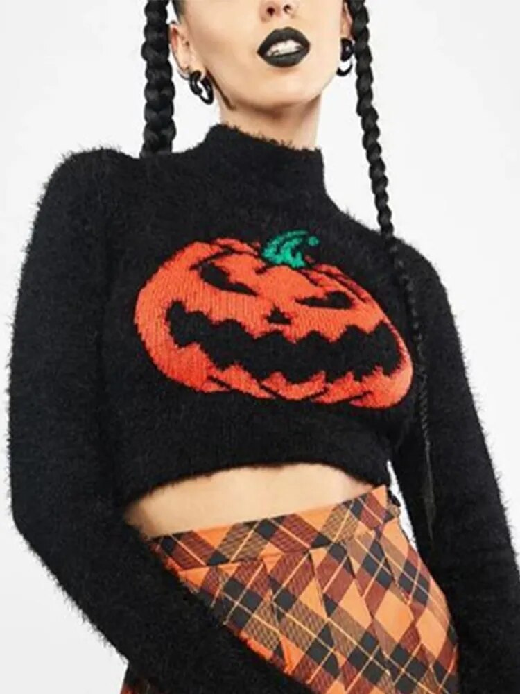 Yangelo Gothic Black Pumpkin Print Women's Sweater Turtleneck Pullover Crop Long Sleeves Halloween Grunge Girls Party Top