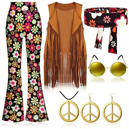EtherealBe women's hippie disco costume set with flower-patterned pants, fringe vest, accessories, and sunglasses