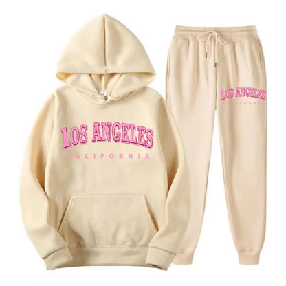 Two Piece Set Street Womens Hoodie & Pants Fleece Pocket Loose Pullover Los Angeles California Print Clothes Fashion Sportswear