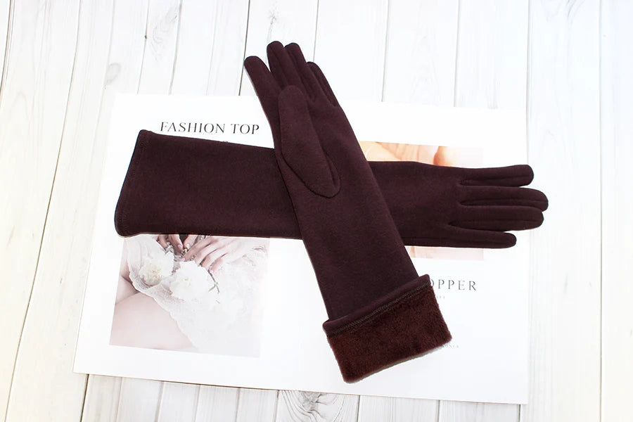 Cotton Long Gloves for Women's Stretch Autumn and Winter Warmth 38cm Windproof and Sun Resistant Knitted Sleeves