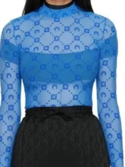 Spring Fashion Sexy Perspective Women's Pullover Mesh T-Shirt New Semi High Neck Long Sleeved Slim Fit Elastic Women T-Shirt
