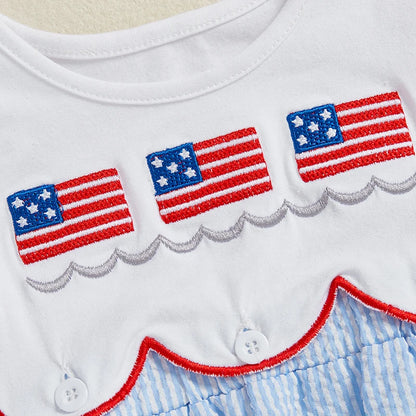 Toddler Girls Patriotic Sleeveless Romper with American Flag Embroidery and Striped Design for Independence Day