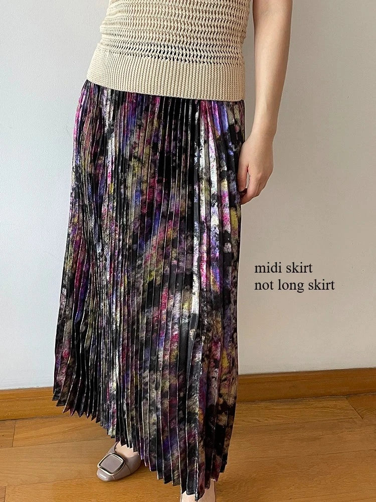 Shiny Colorful Luxury High Waist Metallic Pleated Midi Skirt 2025 Fashion Trends Elastic Waistband Pleated Skirt Old Money Style