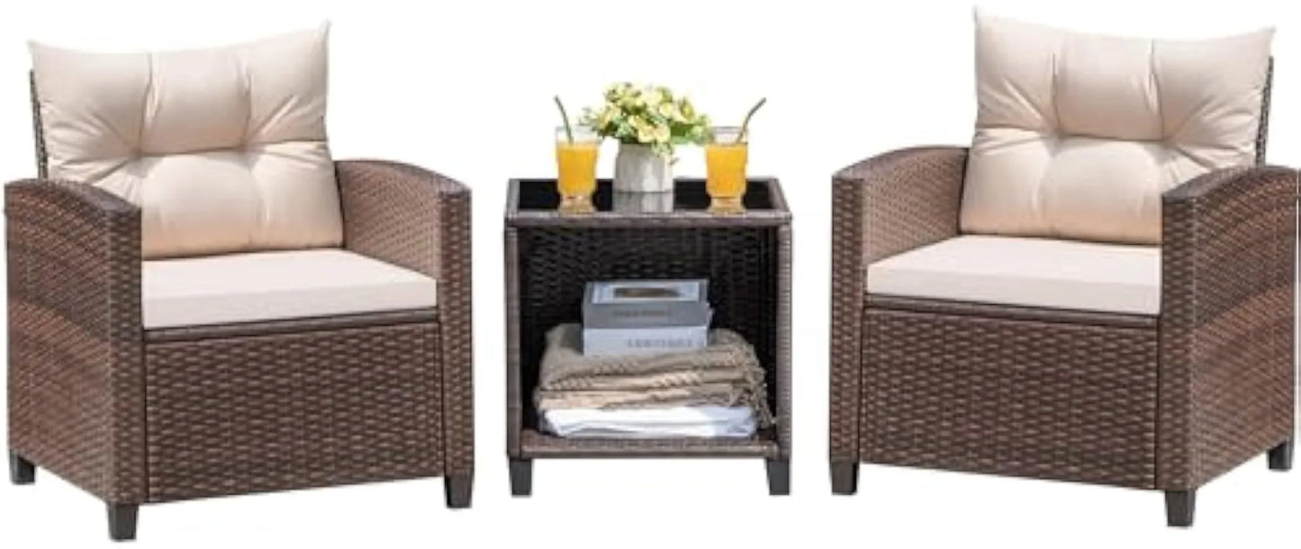 3 Pieces Patio Furniture Set, PE Rattan Wicker Patio Set with, Patio Chairs and Table for Porch, Garden Poolside Balcony