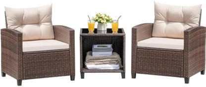 3 Pieces Patio Furniture Set, PE Rattan Wicker Patio Set with, Patio Chairs and Table for Porch, Garden Poolside Balcony