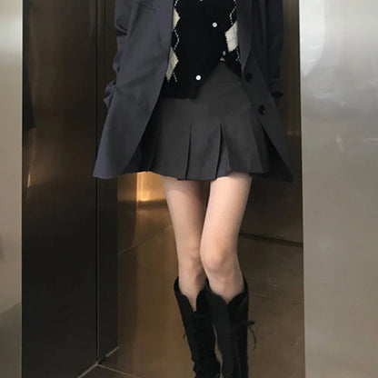 ZOKI  Vintage Gray Pleated Skirt Women Kawaii High Waist Mini Skirts Korean Fashion School Uniform Harajuku Streetwear Spring