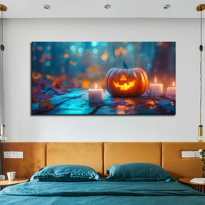 EtherealBe retro Halloween wall art featuring a glowing pumpkin surrounded by candles and autumn leaves