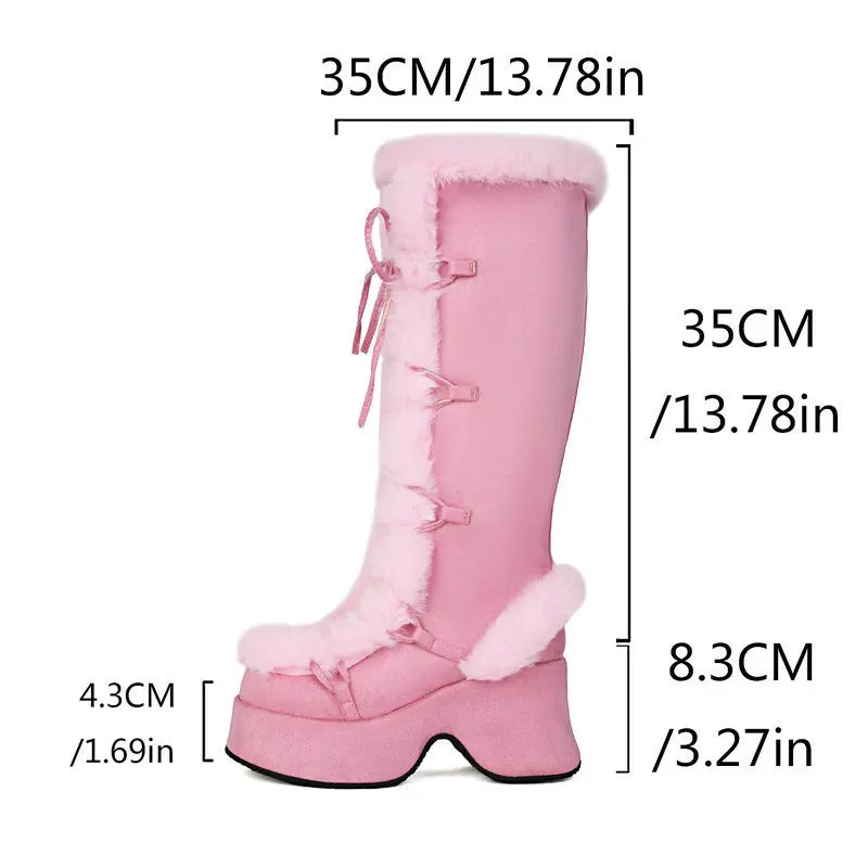 8CM Chunk Heels Winter Warm Knee High Boots Women Snow Short Plush Platform Boots Faux Fur Cosplay Lace-up Long Shoes Size 34-43