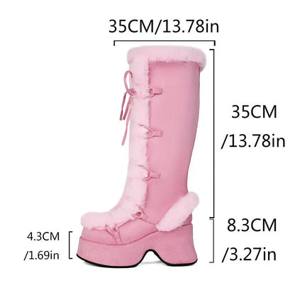 8CM Chunk Heels Winter Warm Knee High Boots Women Snow Short Plush Platform Boots Faux Fur Cosplay Lace-up Long Shoes Size 34-43