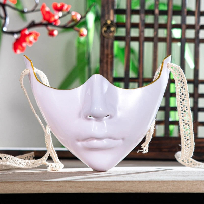 EtherealBe masquerade half face mask in white with elegant gold trim and adjustable lace straps
