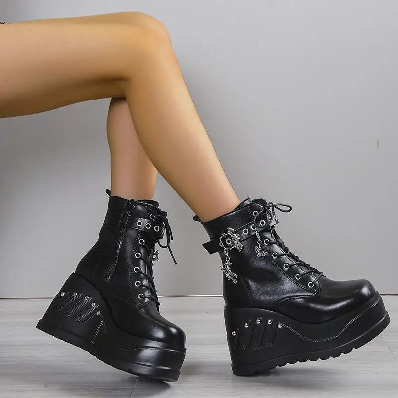 2025 New Boots for Women Fashion Hot Sale Punk Goth Platform Heels Wedge Women's Boots Casual Goth Punk Size 43 Women's Shoes