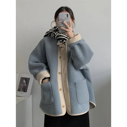 2024 Winter New Women's Lamb Wool Jacket Petite Loose-Fit Thickened Integrated Deer Skin Fleece Medium-Length Korean Style