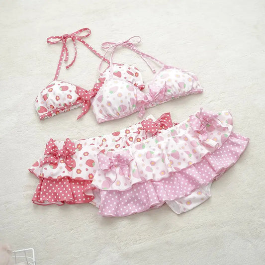 2026 Y2k Summer Cute Pink Sweet Patchwork Sets Cute Bow Design Sexy Lace-up Style Casual Bikini Swimsuit Beach Vaction Clothes