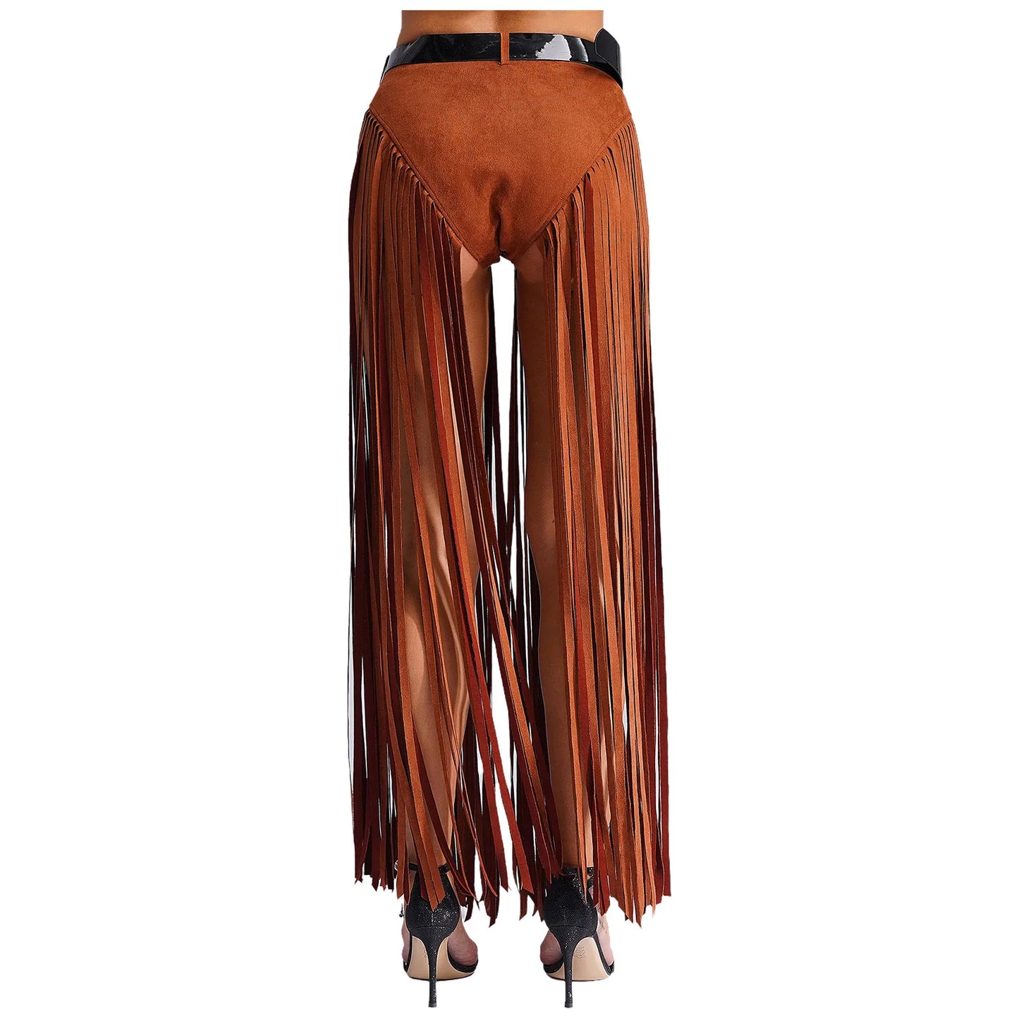 Womens Hippy Cosplay Costume High Waist Suede Underwear with Long Tassels And Belt Halloween Dress Up 70s Disco Costume