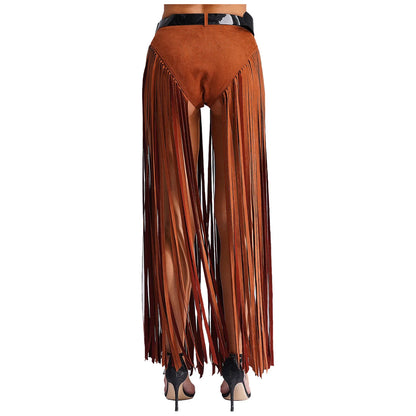 Womens Hippy Cosplay Costume High Waist Suede Underwear with Long Tassels And Belt Halloween Dress Up 70s Disco Costume
