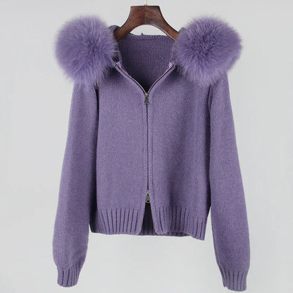 OFTBUY Real Fox Fur Kintwear Women 2025 New Spring Autumn Hooded Sweater Female Loose Zipper Kintted Jacket Oversized Cardigan