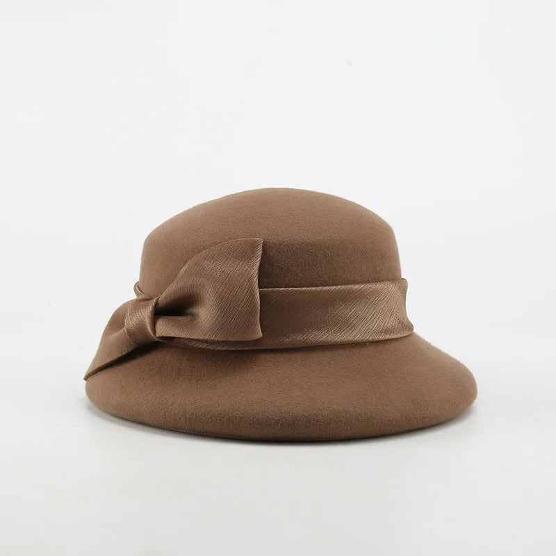 FS Fashion Warm Wool Felt Women's Fedoras Simple Chic Hats Bowknot Bucket Cap Ladies Top Hat Vintage Caps For Women