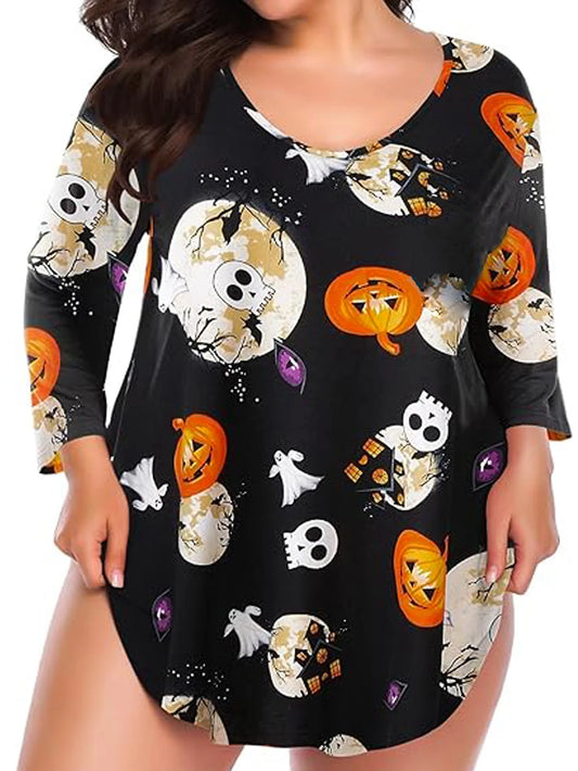 Plus size Halloween pumpkin T-shirt featuring playful ghosts and pumpkins on a black background