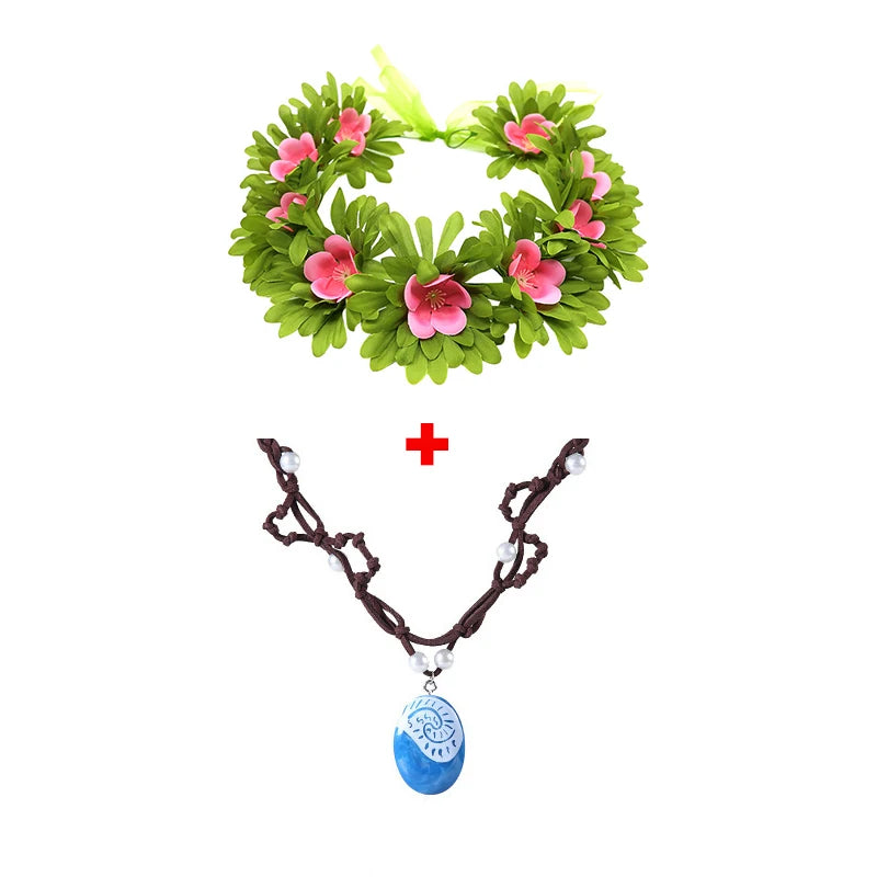 Kids Moana 2 Halloween costume accessories including floral crown and necklace