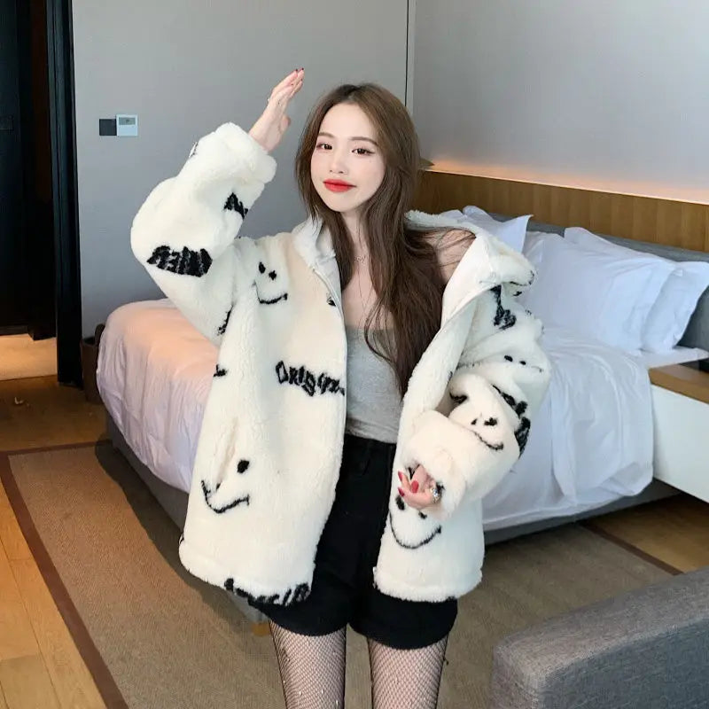 Jackets For Women 2022 Winter Cashmere Chic Printing Hooded Fashion Street Outerwear Sweet Casual College Women's jacket Coat