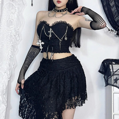 Gothic Cross Chain Crop Tube Top Women's Harajuku Lace Trim Strapless Tank Tops Y2K Clothes Punk E Girl Hippie Party Grunge Tops