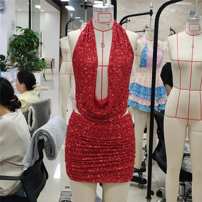 Sexy Sequin Skirts Sets Women Slim Halter Neck Backless Sleeveless Tops Mini Skirt Female 2025 Summer Fashion Beach Lady Sets