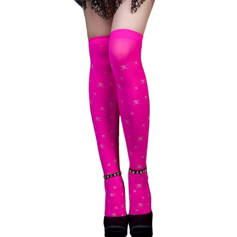 EtherealBe two-toned Halloween tights for women in vibrant pink with decorative designs
