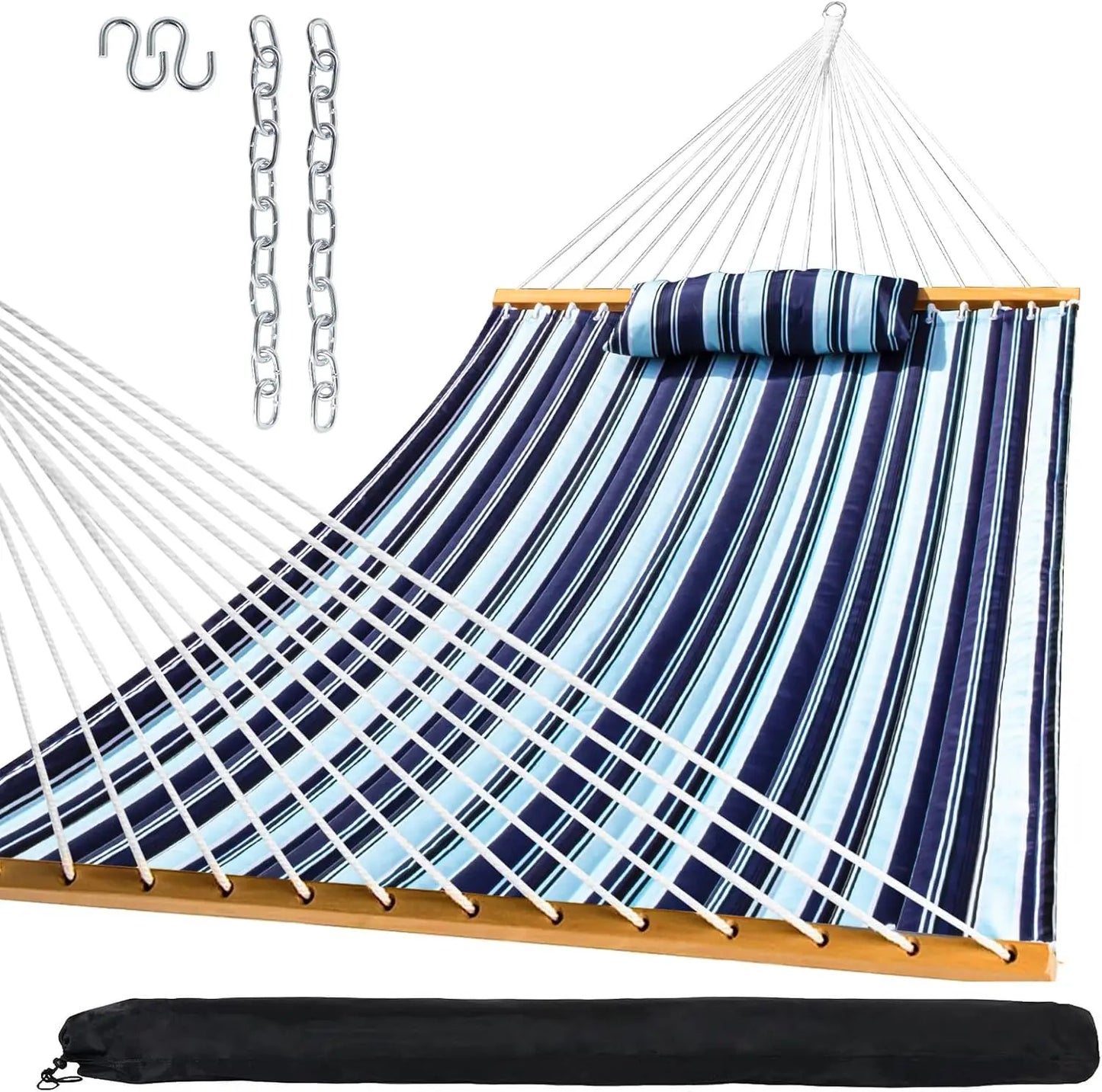 Outdoor Quilted Fabric Hammock with Spreader Bars and Detachable Pillow and Chains,Outdoor Patio Backyard Poolside
