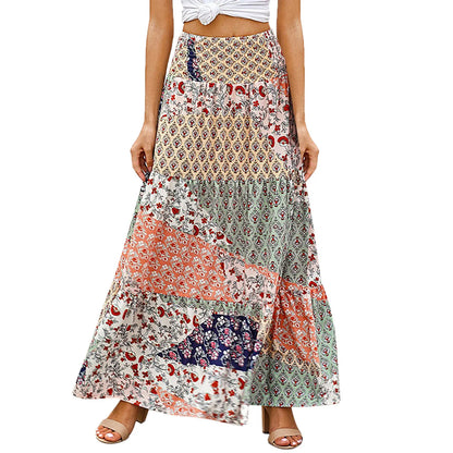 Women Skirts New Fashion All-Match Skirt Loose Elastic Waist Floral Print Ethenic Style Boho Skirt Bohemian Vintage Skirt