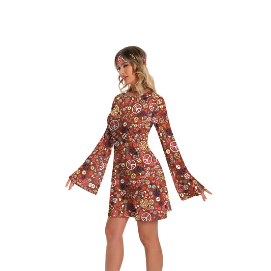Hippie Dress for Women Fashion Floral Printed Outfit Dresses Holiday Clothes Casual Flare Sleeve Stage Perform Dress Ladies