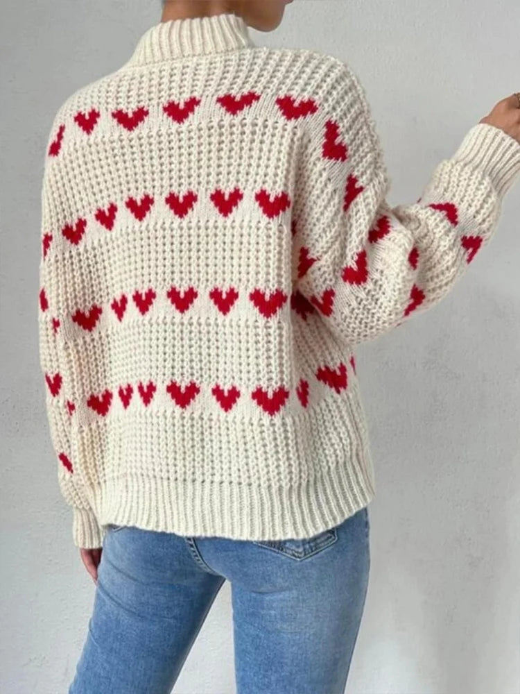 Autumn/Winter New Arrivals European & American Style Pullover Sweater Loose-Fit Heart-Pattern Jacquard Knitwear for Women