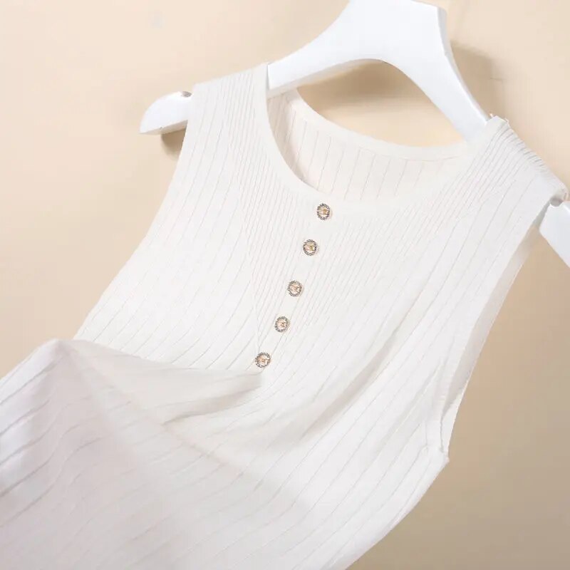 Inner Ice Silk Bottoming Tops for Women Casual Camisole for Summer Vest 2022 New O-neck Button Solid Sleeveless Knitted Tanks