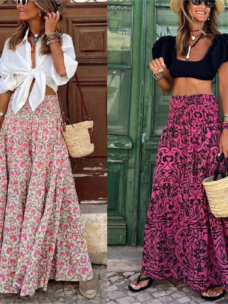 Printed Skirt Women 2023 Summer New Fashions Casual Beach Long Party Loose Ladies Vacation A Line Skirts Elegant Bohemian MsChuh