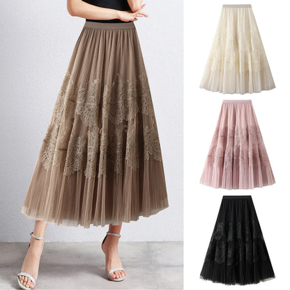 Women Mid Length Skirts Dance Party A Line High Waisted Lace Tulle Skirt Pleated Mesh Half Skirts Holiday Party Costumes