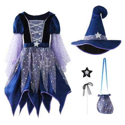 EtherealBe Halloween witch costume with bag for kids featuring a sparkly dress and hat