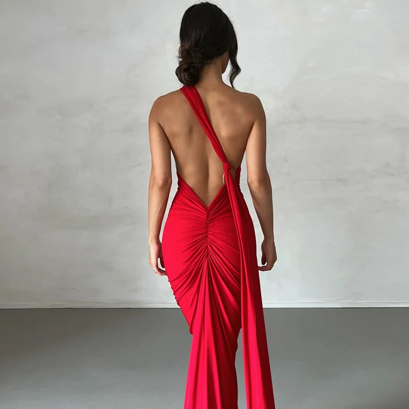 Hugcitar One Shoulder Backless Adjustable Scarf Loop Ruched Sexy Maxi Dress 2025 Women Elegant Y2K Streetwear Festival Outfit