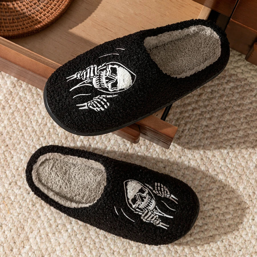 EtherealBe skull face women's slippers in black with cozy lining and unique skull design