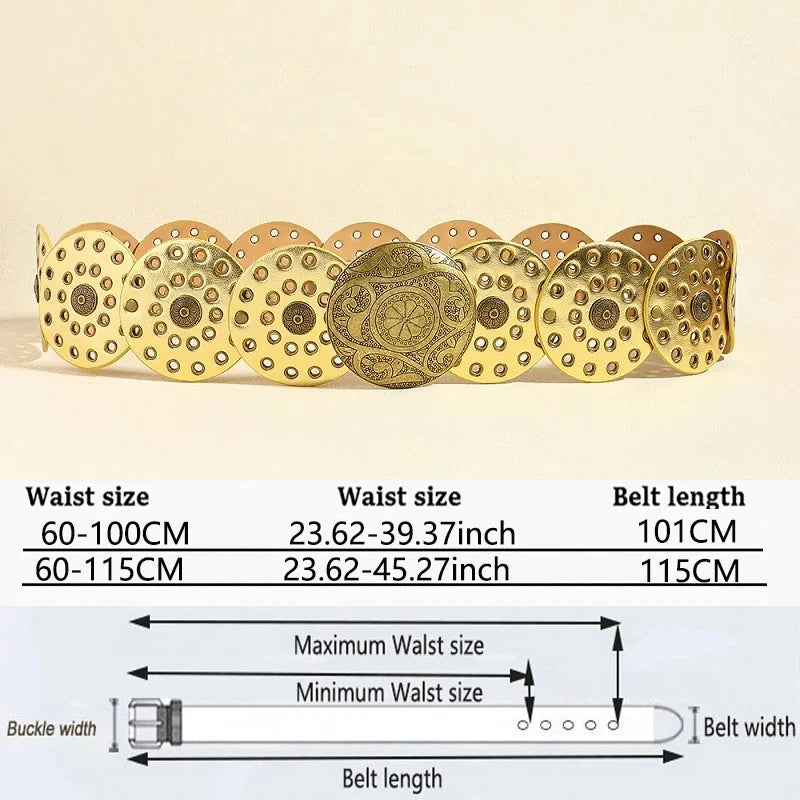 Women's Western Denim Belt High Quality Metal Hollow Ladies Trend Wide Waistband Vintage Personalized Round Belts DT148