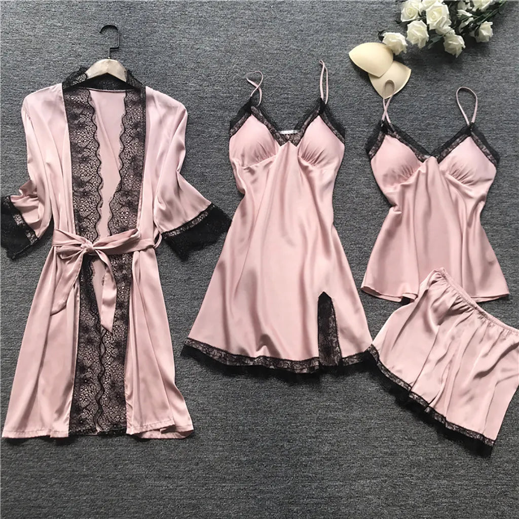 4 Pieces Pajamas Sets Satin Sleepwear Women Silk Nightwear Pyjama Strap Lace Sleep Lounge Pajama with Chest Pads