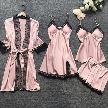 4 Pieces Pajamas Sets Satin Sleepwear Women Silk Nightwear Pyjama Strap Lace Sleep Lounge Pajama with Chest Pads