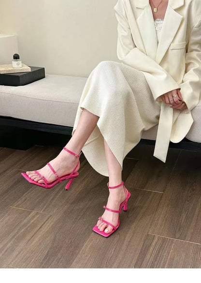 New Women's Shoes Fashion Buckle Design Square Toe Thin High Heel Sandals Shoes for Women Sandalias De Mujer 2023