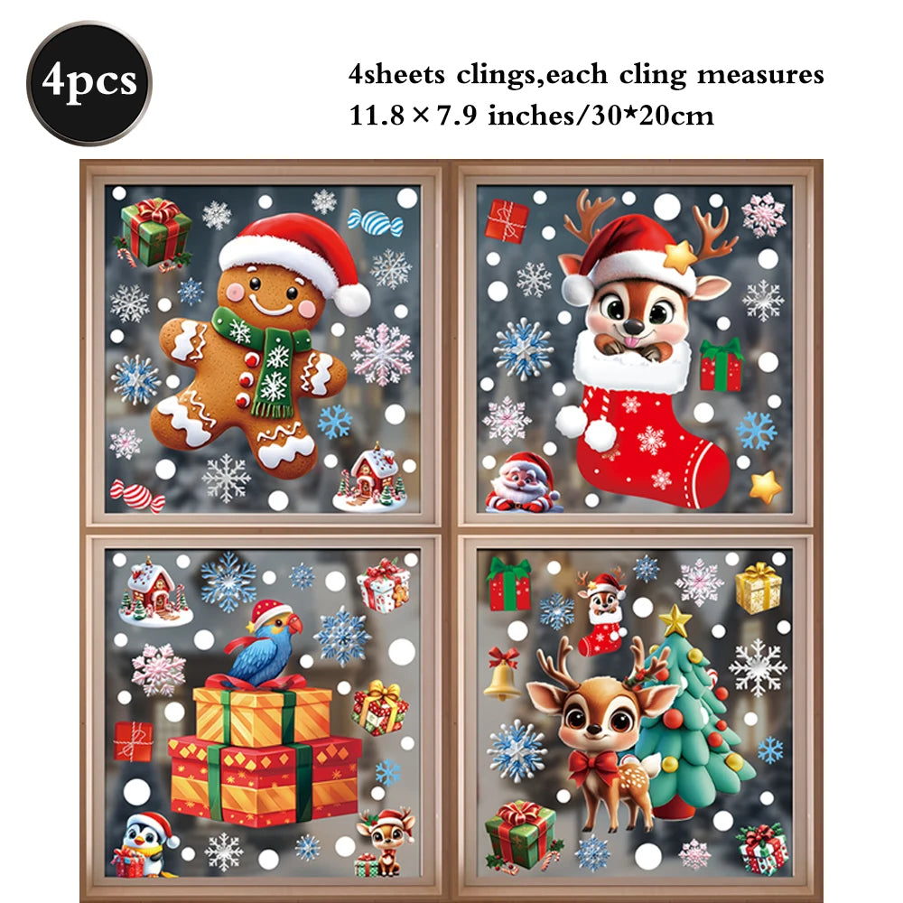 Christmas Window Static Clings Snowman Santa Claus Snowflake Reindeer Cute Xmas Decoration Decal Sticker Home Ornaments Supplies