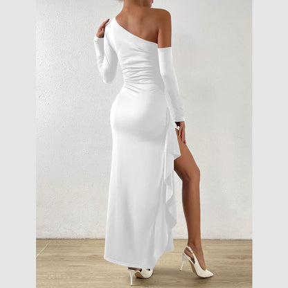Spring Autumn Women's Sexy One-shoulder Long-sleeved Ball Dress Fashion Solid Color Off-the-shoulder Hip Irregular Slit Dress