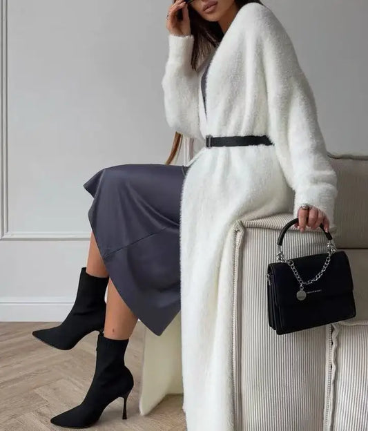Autumn Elegant Women Fuzzy Knit Long Cardigan Fashion Casual All White Simple Coat 2025 Holiday Work Female Knitwear Overcoat