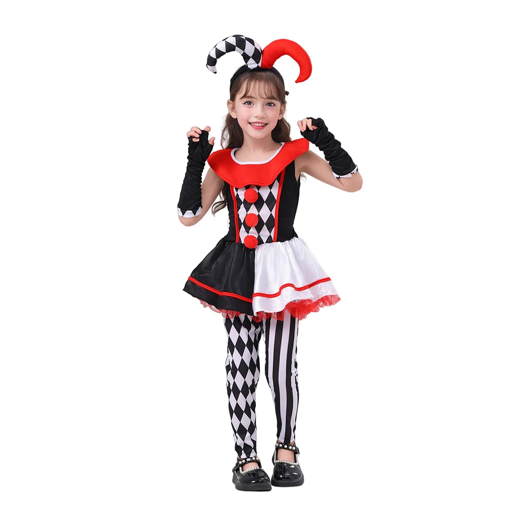 Cute girls jester clown costume with black and white harlequin design and playful red accents