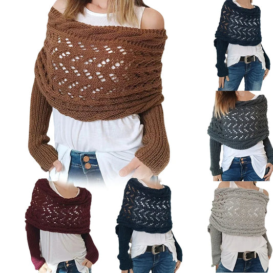 〔CC88〕Autumn and Winter Long Shawl Knitted Hollow Out Fashion Casual Wraps Shoulder Sweater Scarf with Lengthened Double Sleeves