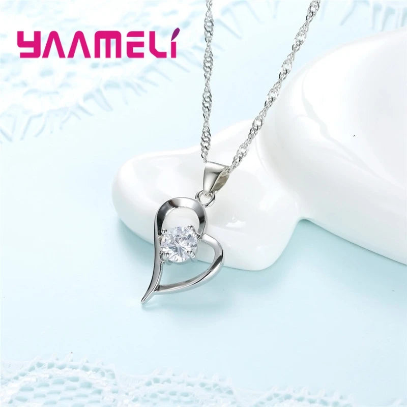 925 Sterling Silver Color Wedding Jewelry Sets for Women Love Heart Hollow Pendants Necklaces Earrings Clear Austrian Crystal