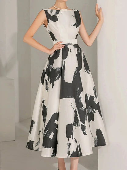 Women Elegant Casual Print Summer Dress Sleeveless Vintage A-Line Chic Party Birthday Vestidos Female Clothes New Midi Robe