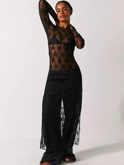 hirigin Womens Y2K Sheer Lace Maxi Dress Long Sleeve See Through Mesh Floral Lace Split Bodycon Dress Beach Coverups Party Dress