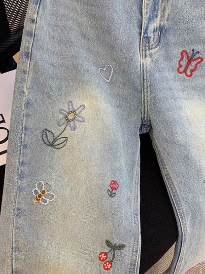 Vintage Embroidered Jeans Trousers For Women Summer 2025 New Korean Fashion High Waist Straight Retro Casual Denim Pants